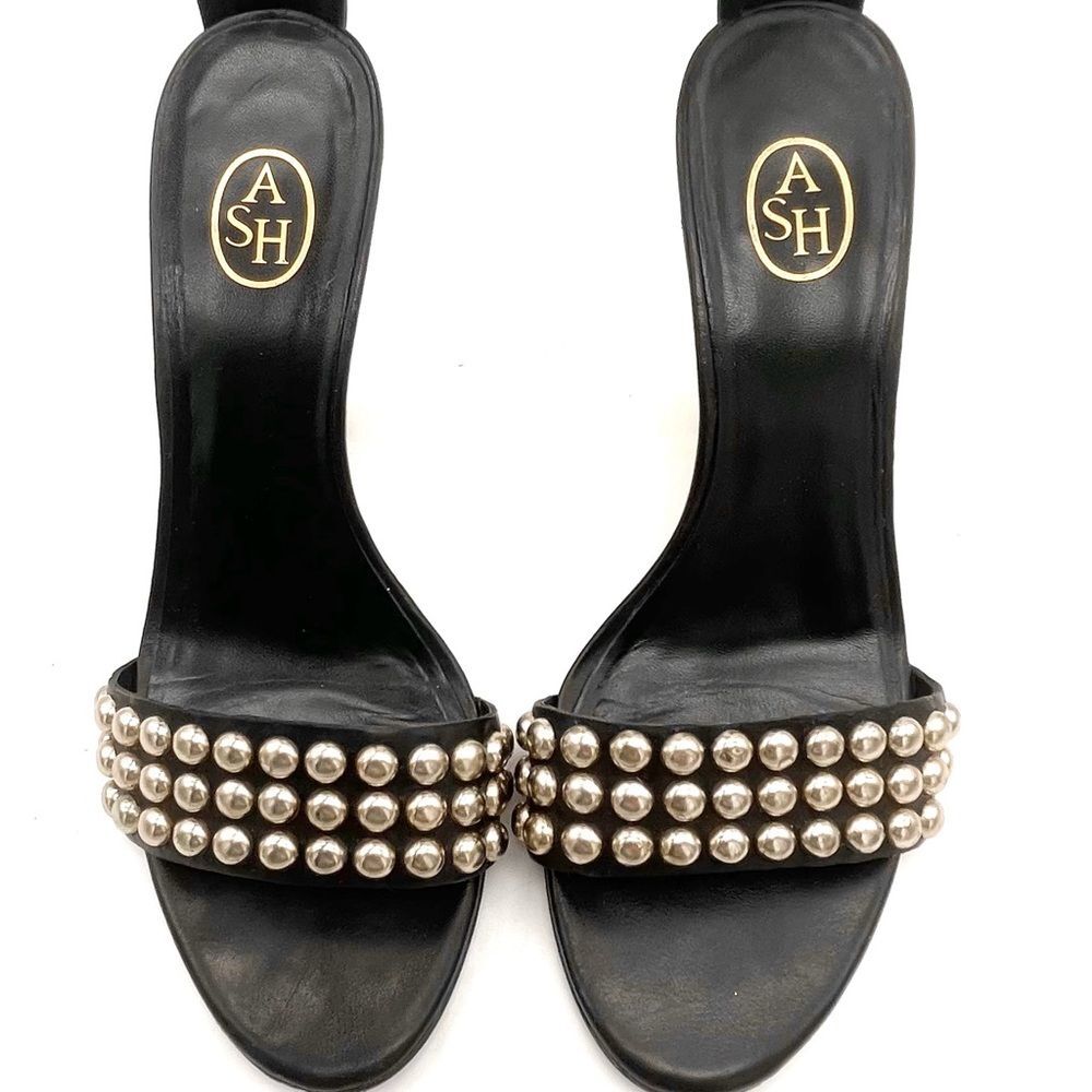 ASH Gold Studded Black Leather Ankle Cuff Heeled Strappy Sandals Size 38 | US 7 - Picture 9 of 16